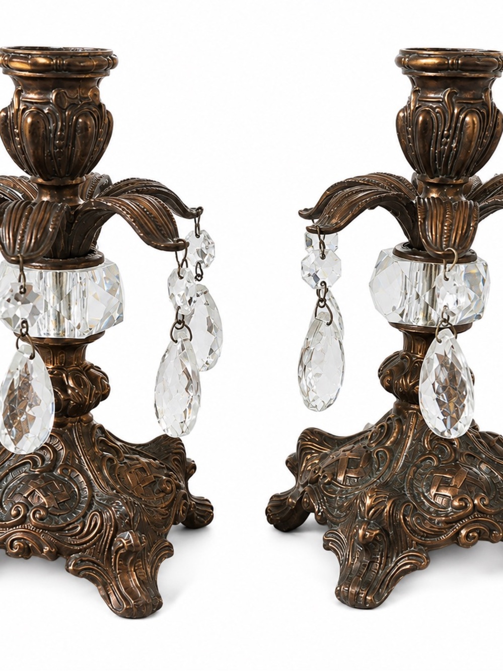 Antique-Style Brass Candle Holders with Crystal Drops - Home Accents set of 2